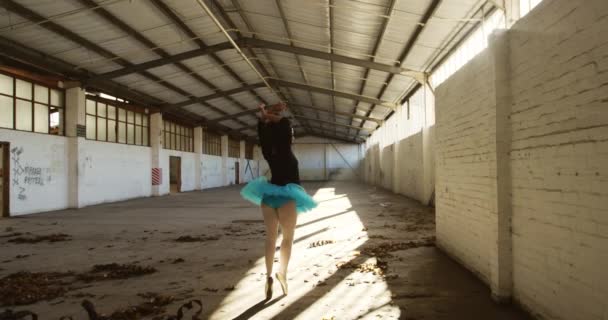 一个混血的女芭蕾舞演员在一个空荡荡的库房里练习跳舞 手挽手转身 慢动作的侧影 — 图库视频影像