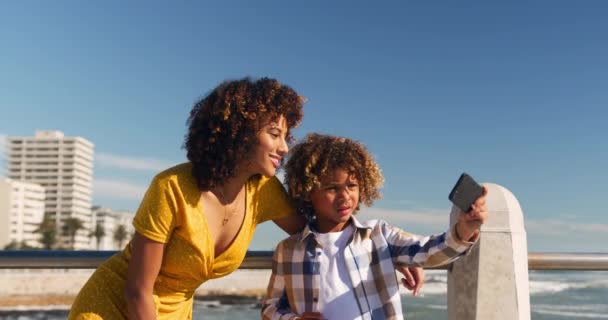 Vista Frontal Mujer Raza Mixta Con Hijo Disfrutando Tiempo Familia — Vídeos de Stock