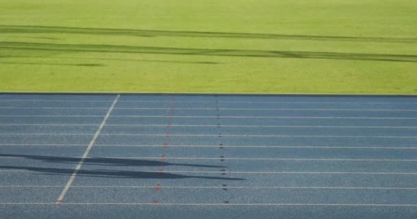 Widok Boku Rasy Białej Mieszanej Męskich Sportowców Ćwiczących Stadionie Sportowym — Wideo stockowe