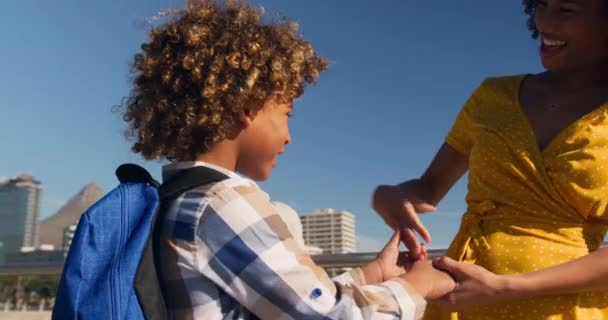 Mavi Gökyüzü Ile Güneşli Bir Günde Oğluyla Birlikte Ailecek Vakit — Stok video