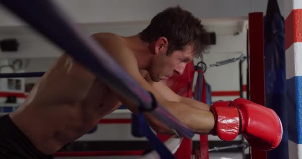 Vista Lateral Boxeador Masculino Caucásico Apoyado Cuerda Gimnasio Boxeo Cámara — Vídeo de stock