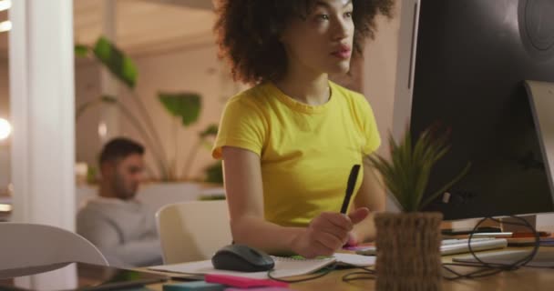 Side View Mixed Race Woman Working Creative Office Using Graphic — Stok video
