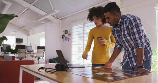 Front View Mixed Race Woman Man Working Creative Office Discussing — 비디오