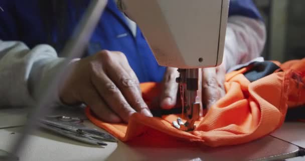 Front View Mid Section Showing Hands Woman Using Sewing Machine — Stock Video