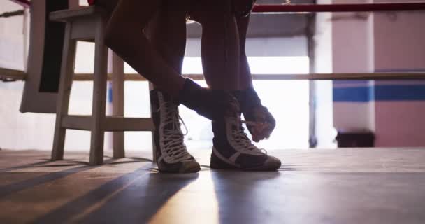 Vista Lateral Uma Mulher Boxeadora Raça Mista Ginásio Boxe Sentada — Vídeo de Stock