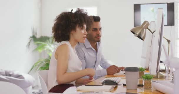 Side View Mixed Race Woman Man Working Creative Office Sitting — Stock Video