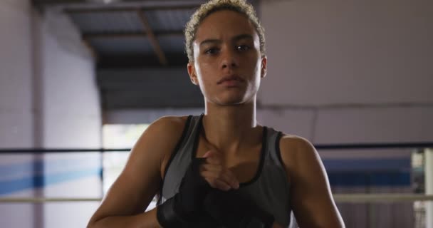 Retrato Close Uma Raça Mista Boxeador Feminino Com Cabelo Encaracolado — Vídeo de Stock