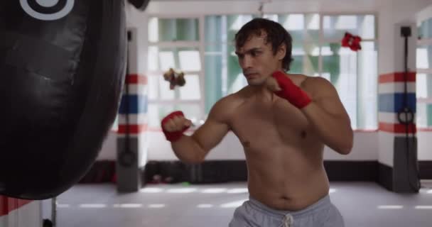 Front View Mixed Race Male Boxer Boxing Gym Punching Punchbag — 图库视频影像