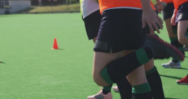 Vista Laterale Sezione Bassa Una Squadra Adolescenti Caucasiche Giocatrici Hockey — Video Stock