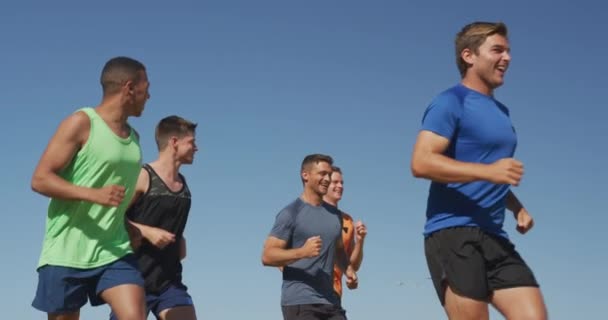 在运动场上训练的多种族男性赛跑选手的侧视图 他们在草地跑道上一起跑 动作缓慢 — 图库视频影像
