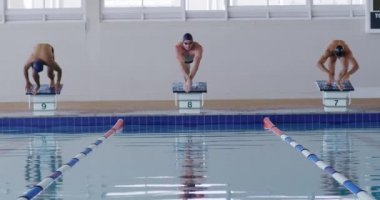 Front view of multi-ethnic group of male swimmers at swimming pool, jumping from starting blocks, plunging into water in slow motion