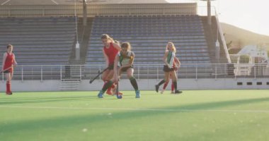 Bir spor stadyumundaki hokey maçı sırasında sahada görev yapan iki beyaz kadın hokey takımının yan görüntüsü, yavaş çekim.