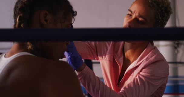 Front View Mixed Race Female Boxing Coach Short Curly Hair — Stock Video