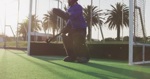 Side View Teenage Caucasian Female Hockey Goalkeeper Diving Block Shot — 비디오