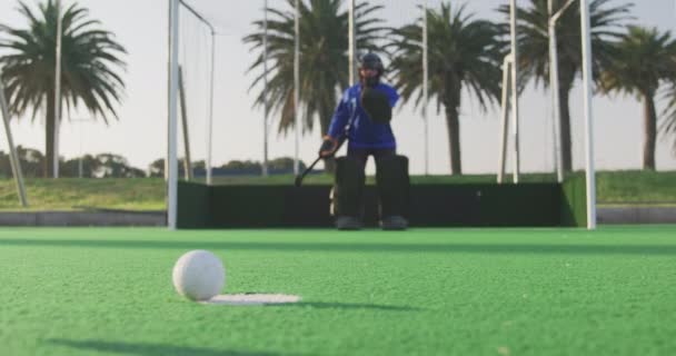 10代の白人女性ホッケー選手の低角度側の眺めゴールキーパーがボールをブロックし スポーツスタジアムのピッチで スローモーション — ストック動画
