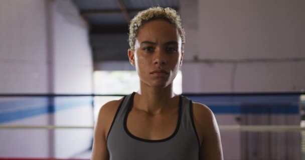 Retrato Close Uma Raça Mista Boxeador Feminino Com Cabelo Encaracolado — Vídeo de Stock