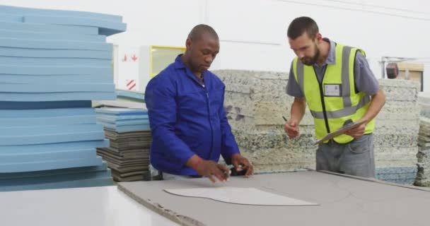 Trabajador Afroamericano Supervisor Caucásico Taller Una Fábrica Que Fabrica Sillas — Vídeo de stock