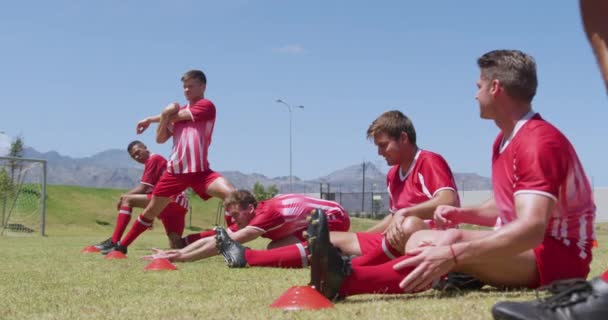 Vista Lateral Equipo Futbolistas Caucásicos Usando Una Tira Equipo Sentados — Vídeo de stock