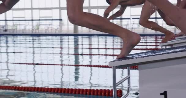 Primer Plano Grupo Multiétnico Nadadores Masculinos Piscina Saltando Desde Bloques — Vídeos de Stock