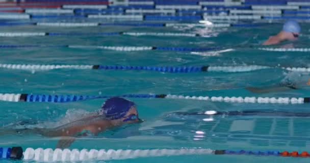 Vista Lateral Grupo Multiétnico Nadadores Masculinos Piscina Compitiendo Entre Carriles — Vídeos de Stock