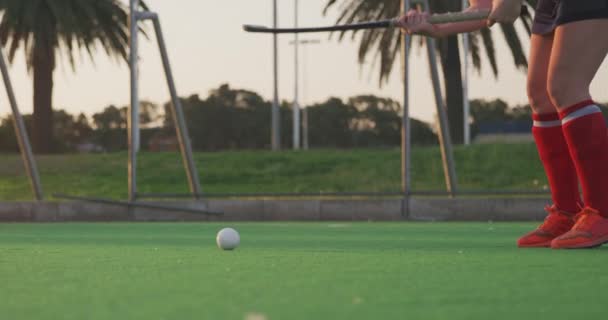 Vista Lateral Sección Baja Jugador Equipo Hockey Femenino Caucásico Adolescente — Vídeos de Stock