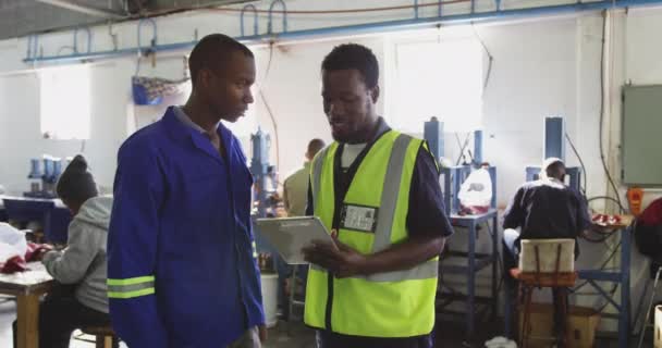 Zijaanzicht Van Twee Afro Amerikaanse Mannen Die Een Fabriek Cricketballen — Stockvideo