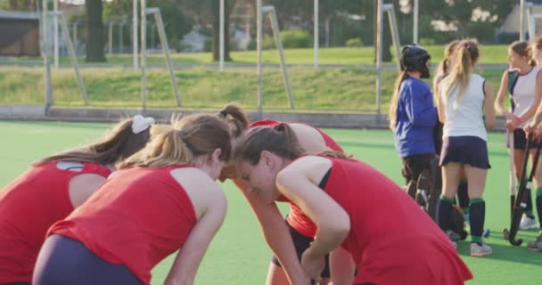 Side View Teenage Caucasian Female Hockey Team Huddle Pitch Match — Stock Video