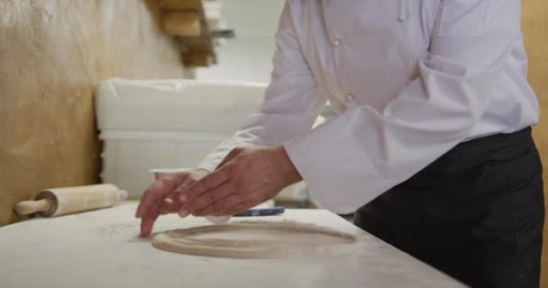 Retrato Chef Caucásico Feliz Trabajando Una Cocina Restaurante Pizza Ocupada — Vídeo de stock