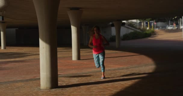 Front View Young Caucasian Woman Wearing Sports Clothes Running Workout — Stockvideo