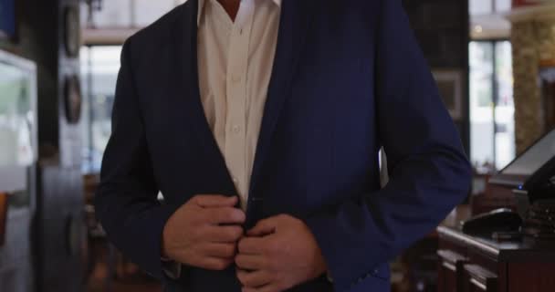 Portrait Caucasian Male Restaurant Manager Blue Suit Looking Camera Smiling — Stock Video