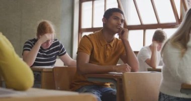 Bir okul sınıfındaki melez bir gencin yan görünüşü masa başında oturmuş, genç erkek ve bayan sınıf arkadaşlarıyla birlikte sıralarında oturup ağır çekimde çalışırken.