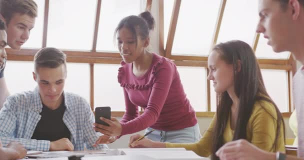 Sidovy Multietnisk Grupp Tonåriga Manliga Och Kvinnliga Skolelever Som Umgås — Stockvideo