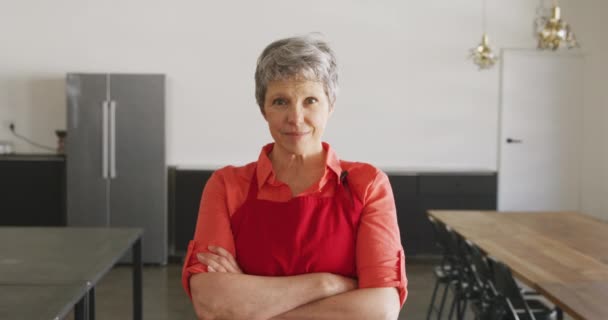 Retrato Uma Mulher Caucasiana Sênior Vestindo Avental Vermelho Aula Culinária — Vídeo de Stock