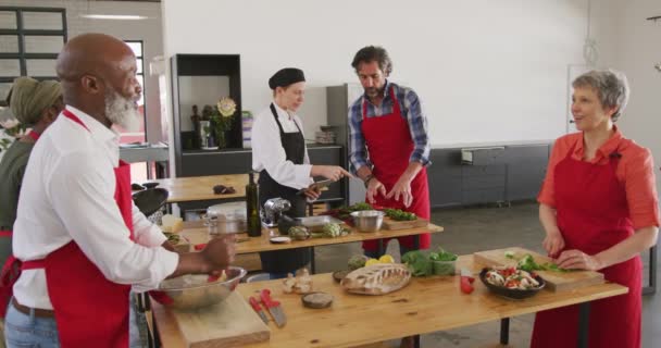 Aşçılık Sınıfındaki Çok Irklı Yetişkinlerden Oluşan Bir Grup Çeşitli Yetişkin — Stok video