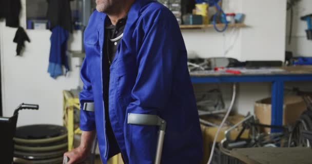 Portrait African American Male Worker Workshop Factory Making Wheelchairs Looking — Stock Video