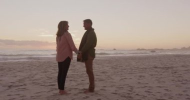 Son sınıf beyaz bir çiftin gün batımında kumsalda el ele tutuşup ağır çekimde gülümseyişlerinin yan görüntüsü.