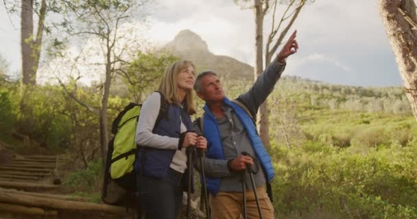 ハイキング中に森の中に立ち 景色を眺めたり 指差したり 交流したり ゆっくりとした動きの中でノルディックウォーキングスティックと一緒に自然の中で時間を楽しんでいる上級白人夫婦のフロントビュー — ストック動画