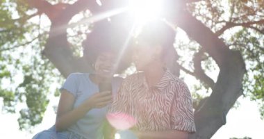 Güneşli bir günde şehir parkında boş vakit geçiren iki melez kadının düşük açılı görüşü, akıllı telefon kullanımı, kulaklıkları paylaşması ve müzik dinlemesi, yavaş çekim.