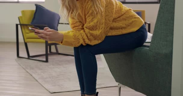 創造的なオフィスで働いている白人女性の側面図 ロビーのアームチェアに座って スマートフォン テキストメッセージを使用して — ストック動画