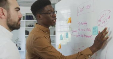 Melez ırk ve Kafkas işadamlarının modern bir ofiste birlikte çalışmalarına, beyaz tahtada durup yavaş çekimde tartışarak ve yazarak beyin fırtınası yapmalarına yandan bakıyorum.