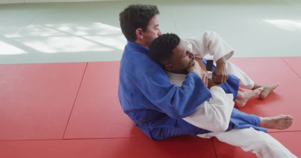 Magas Látószögű Kilátás Egy Vegyes Fajú Férfi Judo Edző Tizenéves — Stock videók