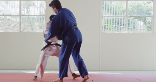 Vista Lateral Uma Raça Mista Judoca Masculina Treinador Judô Adolescente — Vídeo de Stock