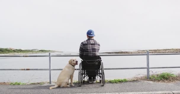 Vue Arrière Homme Caucasien Fauteuil Roulant Profitant Une Promenade Avec — Video