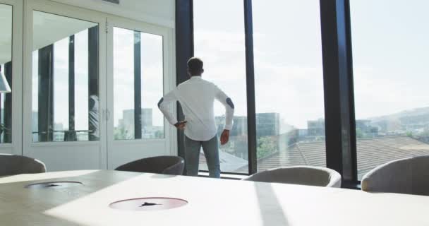 Modern Bir Ofiste Çalışan Melez Bir Işadamının Arka Görünüşü Pencerenin — Stok video