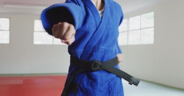 Přední Pohled Střední Část Zblízka Dospívající Běloška Judoka Modrém Zahřívající — Stock video