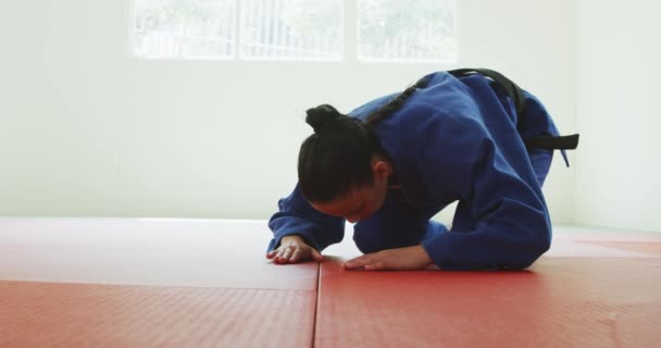 Boční Pohled Dospívající Smíšený Závod Fena Judoka Sobě Modré Judogi — Stock video