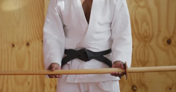 Front View Focused Teenage Mixed Race Male Judoka Wearing White — Stock Video