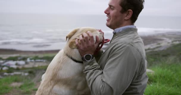 Side View Caucasian Man Wheelchair Enjoying Taking Walk His Dog — Stock Video