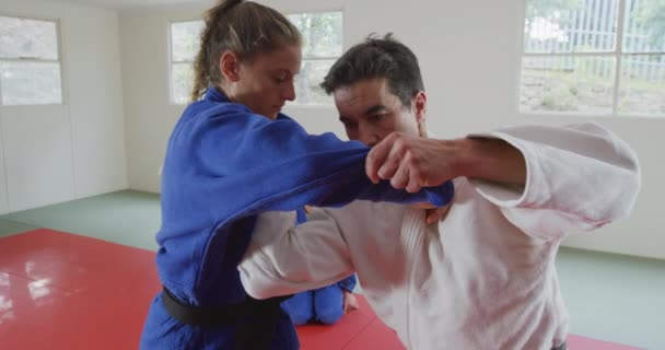 Melez Bir Erkek Judo Koçu Beyaz Mavi Beyaz Judogi Giyen — Stok video
