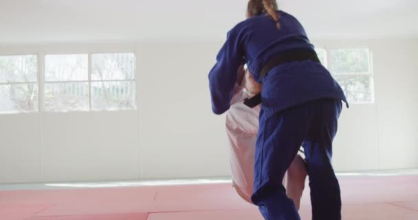 Vista Trasera Dos Judokas Femeninas Caucásicas Mestizas Adolescentes Que Usan — Vídeos de Stock